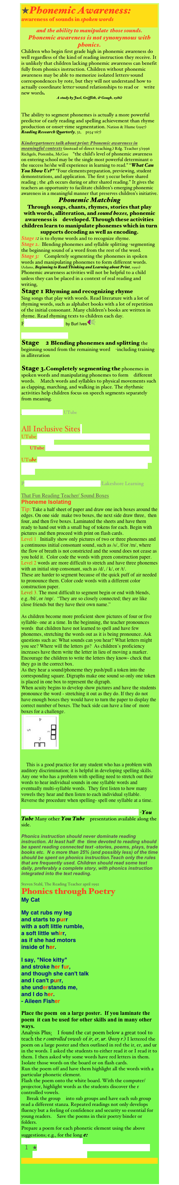 Phonemic Awareness: awareness of sounds in spoken words
and  the ability to manipulate  those sounds.
Phonemic awareness is not synonymous with phonics.
Children who begin first grade high in phonemic awareness do well regardless of the kind of reading instruction they receive. It is unlikely that children lacking phonemic awareness can benefit fully from phonics instruction. Children without phonemic awareness may be able to memorize isolated letters-sound correspondences by rote, but they will not understand how to actually coordinate letter-sound relationships to read or  write new words.
A study by Juel, Griffith, & Gough, 1986)

The ability to segment phonemes is actually a more powerful predictor of early reading and spelling achievement than rhyme production or onset-rime segmentation. Nation & Hume (1997) Reading Research Quarterly, 32,  p154-167)

Kindergarteners talk about print: Phonemic awareness in meaningful contexts (instead of direct teaching.) Rdg. Teacher 5/1996 Richgels, Poremba, McGee  “the child’s level of phonemic awareness on entering school may be the single most powerful determinant o the success he/she will experience in learning to read.” “What Can You Show Us?” “Four elements:preparation, previewing, student demonstrations, and application. The first 3 occur before shared reading ; the 4th occurs during or after shared reading.” It gives the teachers an opportunity to facilitate children’s emerging phonemic awareness in a meaningful manner that preserves children’s initiative.
Phonemic Matching 
Through songs, chants, rhymes, stories that play with words, alliteration, and sound boxes, phonemic awareness is  developed. Through these activities children learn to manipulate phonemes which in turn supports decoding as well as encoding.
Stage 1: is to rhyme words and to recognize rhyme.
Stage 2.: Blending phonemes and syllable splitting -segmenting the beginning sound of a word from the rest of the word.
Stage 3:  Completely segmenting the phonemes in spoken words and manipulating phonemes to form different words. (Adams, Beginning to Read:Thinking and Learning about Print, 1990)
Phonemic awareness activities will not be helpful to a child unless they can be placed in a context of real reading and writing, 
Stage 1 Rhyming and recognizing rhyme
Sing songs that play with words. Read literature with a lot of rhyming words, such as alphabet books with a lot of repetition of the initial consonant. Many children’s books are written in rhyme. Read rhyming texts to children each day.
Fooba-Wooba John  by Burl Ives￼ 

Clifford Sound Match
Stage  2 Blending phonemes and splitting the beginning sound from the remaining word  -including training in alliteration

Stage 3.Completely segmenting the phonemes in spoken words and manipulating phonemes to form  different words.  Match words and syllables to physical movements such as clapping, marching, and walking in place. The rhythmic activities help children focus on speech segments separately from meaning.

Jump Frog, Jump for J UTube

All Inclusive Sitesl
UTube Dance Your Way to Phonemic Awareness Part 3 Phyllis Ferguson
UTube Dance Your Way to Phonemic Awareness Part 4

UTube Dance Your Way to Phonemic Awareness Part 5- 
Activities to Directly Develop Phonemic Awareness Skills

Phonological Awareness Activity Box/Lakeshore Learning

That Fun Reading Teacher/ Sound Boxes
Phoneme Isolating
Tip: Take a half sheet of paper and draw one inch boxes around the edges. On one side  make two boxes, the next side draw three,  then four, and then five boxes. Laminated the sheets and have them ready to hand out with a small bag of tokens for each. Begin with pictures and then proceed with print on flash cards.
Level 1   Initially show only pictures of two or three phonemes and a continuous initial consonant sound, such as /s/, /f/or /m/, where the flow of breath is not constricted and the sound does not cease as you hold it.  Color code the words with green construction paper.
Level 2 words are more difficult to stretch and have three phonemes with an initial stop consonant, such as /d/, / k/, or /t/. 
These are harder to segment because of the quick puff of air needed to pronounce them. Color code words with a different color construction paper.
Level 3. The most difficult to segment begin or end with blends, e.g. /bl/, or /mp/.  “They are so closely connected; they are like close friends but they have their own name.”

As children become more proficient show pictures of four or five syllable- one at a time. In the beginning, the teacher pronounces words  that children have not learned to spell and have few phonemes, stretching the words out as it is being pronounce. Ask questions such as: What sounds can you hear? What letters might you see? Where will the letters go?  As children’s proficiency increases have them write the letter in lieu of moving a marker. Encourage the children to write the letters they know- check that they go in the correct box. 
As they hear a sound/phoneme they push/pull a token into the corresponding square. Digraphs make one sound so only one token is placed in one box to represent the digraph.
When acuity begins to develop show pictures and have the students pronounce the word - stretching it out as they do. If they do not have enough boxes they would have to turn the paper to display the correct number of boxes. The back side can have a line of  more 
boxes for a challenge.                                
￼


    This is a good practice for any student who has a problem with auditory discrimination; it is helpful in developing spelling skills. Any one who has a problem with spelling need to stretch out their words to hear individual sounds in one syllable words and eventually multi-syllable words.  They first listen to how many vowels they hear and then listen to each individual syllable. Reverse the procedure when spelling- spell one syllable at a time.

Hearing and Recording Sound using Elkonian Boxes -You Tube Many other You Tube  presentation available along the side.

Phonics instruction should never dominate reading instruction. At least half  the  time devoted to reading should be spent reading connected text -stories, poems, plays, trade books etc.  N o more than 25% (and possibly less) of the time should be spent on phonics instruction.Teach only the rules that are frequently used. Children should read some text daily, preferably a complete story, with phonics instruction integrated into the text reading. 

Steven Stahl, The Reading Teacher april 1992
Phonics through Poetry
My Cat

My cat rubs my leg
and starts to purr
with a soft little rumble,
a soft little whirr,
as if she had motors
inside of her.

I say, "Nice kitty"
and stroke her fur,
and though she can't talk
and I can't purr,
she understands me,
and I do her. 
- Aileen Fisher

Place the poem  on a large poster.  If you laminate the poem  it can be used for other skills and in many other ways.
Analysis Plus:  I found the cat poem below a great tool to teach the r controlled vowels of ir, er, ur. (bossy r.) I lettered the poem on a large poster and then outlined in red the ir, er, and ur  in the words. I asked the students to either read it or I read it to them. I then asked why some words have red letters in them.  Isolate those words on the board or on flash cards.
Run the poem off and have them highlight all the words with a particular phonetic element.   
Flash the poem onto the white board. With the computer/projector, highlight words as the students discover the r controlled vowels.                                         
  Break the group  into sub groups and have each sub group read a different stanza. Repeated readings not only develops fluency but a feeling of confidence and security so essential for young readers.  Save the poems in their poetry binder or folders.
Prepare a poem for each phonetic element using the above suggestions; e.g., for the long e:
A Sailor Went to Sea Sea Sea
★A Treasure Trove of Awesome Alliteration/Enchanted Learning 
