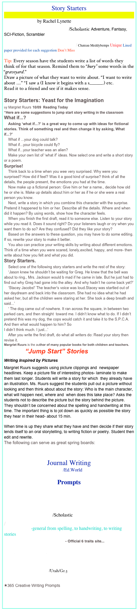 Story Starters

Mind in Bloom by Rachel Lynette
Story Starter/ Creative Writing/Scholastic Adventure, Fantasy, SCI-Fiction, Scrambler 

Writers Workshop / Story Starters/ Chateau Meddybemps Unique Lined paper provided for each suggestion Don’t Miss

Tip: Every season have the students write a list of words they think of for that season. Remind them to “bury” some words in the “graveyard.”
Draw a picture of what they want to write about. “I want to write about ....” “I saw a (I know it begins with a s______.) etc.
Read it to a friend and see if it makes sense.

Story Starters: Yeast for the Imagination
by Margriet Ruurs 10/09  Reading Today
“Here are some suggestions to jump start story writing in the classroom
What if...?
    Asking ‘what if...?’ is a great way to come up with ideas for fictional stories. Think of something real and then change it by asking, What if...?’
    What if ...your dog could talk?
    What if...your bicycle could fly?
    What if...your teacher was an alien?
    Make your own list of ‘what if’ ideas. Now select one and write a short story or a poem.
Surprise!
    Think back to a time when you wee very surprised. Why were you surprised? How did if feel? Was it a good kind of surprise? think of all the details, the people present, the emotions you had at the time.
    Now make up a fictional person: Give him or her a name., decide how old he or she is. Make up details about him or her as if he or she were a real person you know.   
    Next, write a story in which you combine this character with the surprise. Pretend it happened to him or her. Describe all the details. Where and when did it happen? By using words, show how the character feels.
    When you finish the first draft, read it to someone else. Listen to your story while you read it. Does it sound right? Do your listeners laugh or cry when you want them to do so? Are they confused? Did they like your story?
    Based on the answers to these question, you may have to do some editing. If so, rewrite your story to make it better. 
    You also can practice your writing skills by writing about different emotions. Think of a time when you were scared, lonely,excited, happy, and more- then write about how you felt and what you did.
Story Starters.
    Select one of the following story starters and write the rest of the story:
    ‘Jason knew he shouldn’t be waiting for Greg. He knew that the bell was about to ring., Mrs. Jackson would b mad if he came in late. But he just had to find out why Greg had gone into the alley. And why hadn’t he come back yet?’
    ‘Stacey Jacobs!’ The teacher’s voice was loud.Stacey was startled out of her daydream and back into the classroom. She had no idea what he had asked her, but all the children were staring at her. She took a deep breath and said...’
    ‘ The dog came out of nowhere. It ran across the square, in between two parked cars, and then straight  toward me. I didn’t know what to do. If I didn’t pretend this was my dog, the cops would catch it and take it to the S.P.C.A. And then what would happen to him? So
I didn’t think much. I just...’
    After you write the first draft, do what all writers do: Read your story then revise it.
Margriet Ruurs is the author of many popular books for both children and teachers.
            “Jump Start” Stories
Writing Inspired by Pictures
Margriet Ruurs suggests using picture clippings and  newspaper headlines. Keep a picture file of interesting photos- laminate to make them last longer. Students will write a story for which  they already have an illustration. Ms. Ruurs suggest the students pull out a picture without looking and then think about about the story: Who is the main character, what will happen next, where and  when does this take place? Asks the students not to describe the picture but the story behind the picture. They shouldn’t be concerned about the spelling and handwriting at this time. The important thing is to jot down as quickly as possible the story they hear in their head- about 15 min.

When time is up they share what they have and then decide if their story lends itself to an oral storytelling, to writing fiction or poetry. Student then edit and rewrite.                                        
The following can serve as great spring boards: Writing: Choosing a Setting

Journal Writing
Journal Writing/everyday/Ed.World
Prompts

 Tips for Journal Writing (2nd grade)

ABCTeach Directory
Inspire Young Writers/Scholastic
/
Tutor4Kids-general from spelling, to handwriting, to writing stories
NWREL's 6+1 TRAITS of Writing - Official 6 traits site...
Project Base Learning /  PBLChecklist

6 Ways to Encourage Young Writers

 Discriptive Prompts/Utah/Gr.3

365 Creative Writing Prompts
http://www.creativewriting-prompts.com/personal-narrative-graphic-organizer.html
 