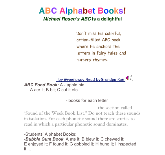 ABC Alphabet Books!
Michael Rosen’s ABC is a delightful 
￼￼
Alphabet Book/ Enchanted Learning Software
A - Apple Pie  by Greenaway Read byGrandpa Ken ￼
ABC Food Book: A - apple pie
     A ate it; B bit; C cut it etc.

Letter of the Week - books for each letter 
Sound of the Week by Lybbert the section called “Sound of the Week Book List.” Do not teach these sounds in isolation. For each phonetic sound there are stories to read in which a particular phonetic sound dominates.
-Students’ Alphabet Books:
-Bubble Gum Book: A ate it; B blew it; C chewed it;
E enjoyed it; F found it; G gobbled it; H hung it; I inspected it ...