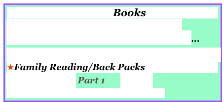 Books
Big Books, Leveled Books, Printable
Electronic Books , Audio, Talking Books ...
ClassroomLibraries/Recreational/Leveled  Bks.
Family Reading/Back Packs
Author Study Part 1       Part 2
Publish Children’s Writings/Acquiring Bks
